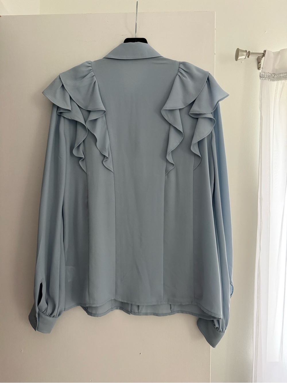 Express Light Blue Ruffle Button-Front Blouse - Picture 2 of 2